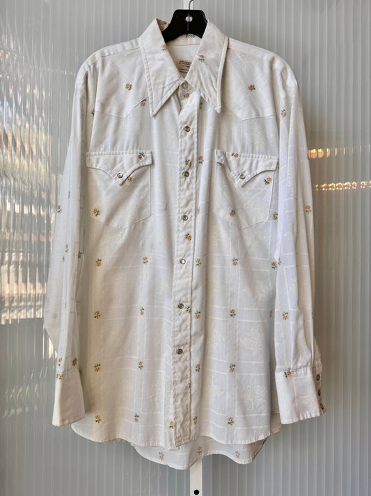 1970s White Pearl Snap Floral Print Western Shirt