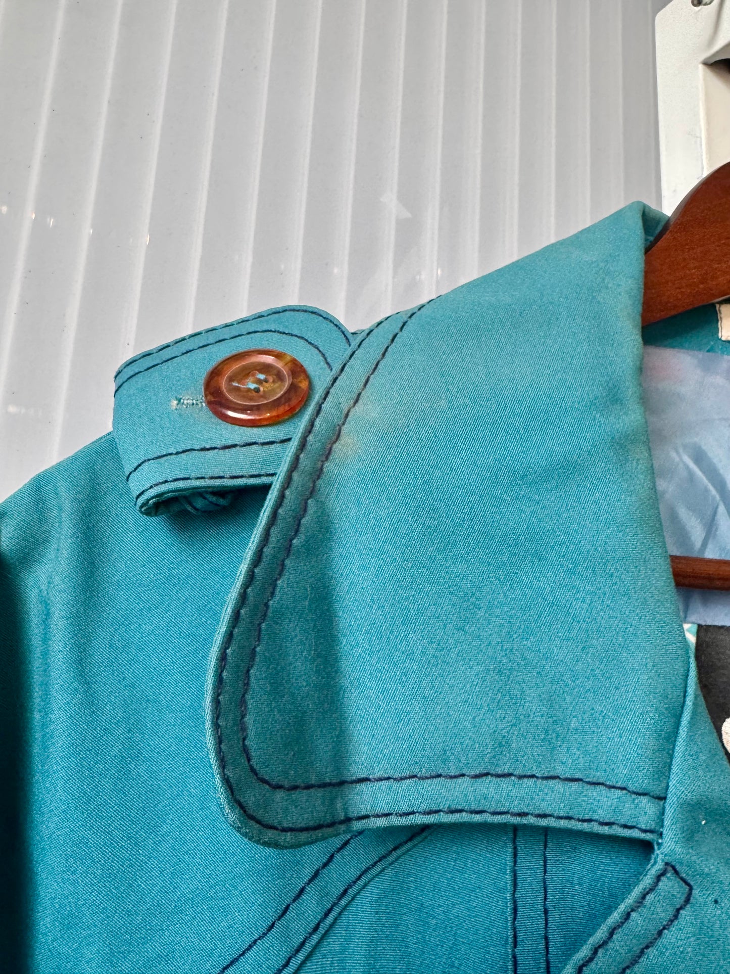1970s Groovy Teal Trench Coat w/ Contrast Stitching