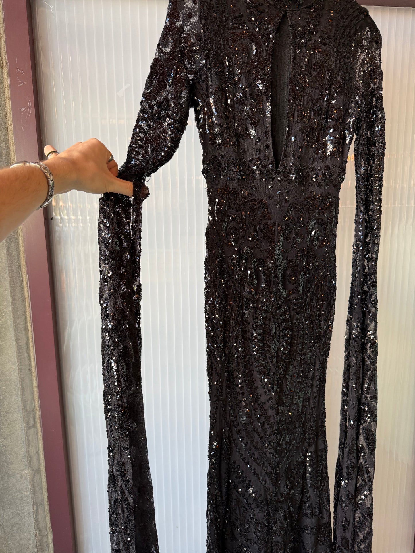1990s Black Sequin Bodycon Gown with Dramatic Drape Sleeves