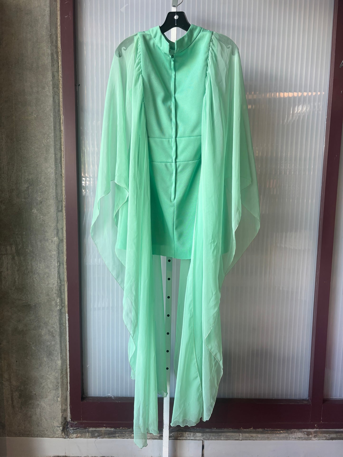 1970s Pistachio Green Mini Dress w/ Flowing Sleeves