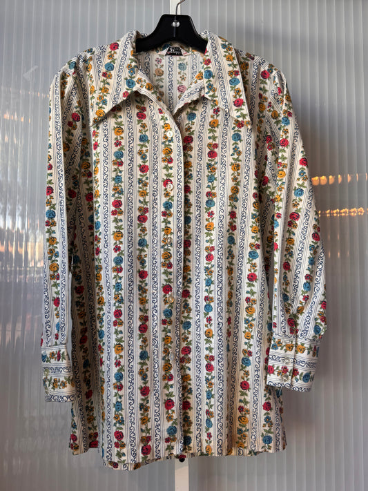 1970s Multicolor Floral Stripe Print Pointed Collar Blouse