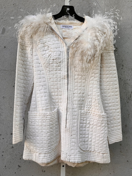Jacques Fath Paris White Quilted Jacket with Feather Plummage