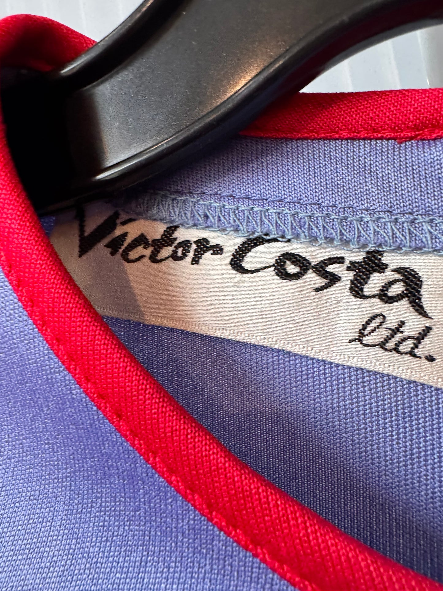 1980s Victor Costa Blue Wrap-Panel Dress w/ Red Trim