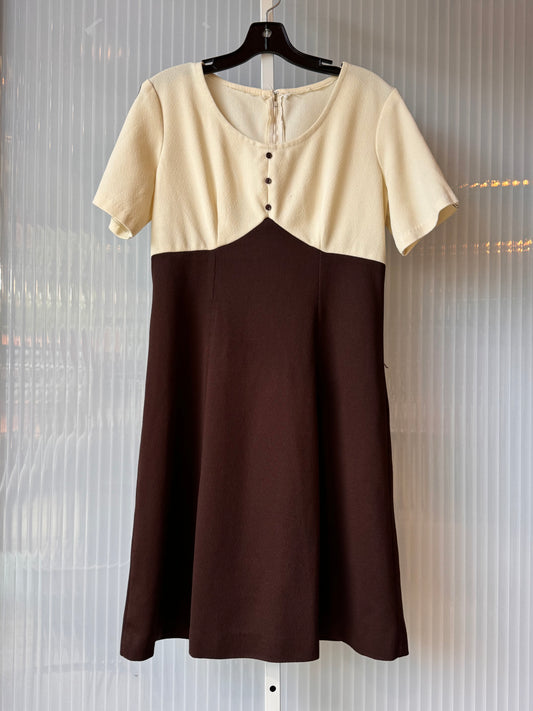 1960s / 1970s Mod Cream & Brown Empire Waist Dress