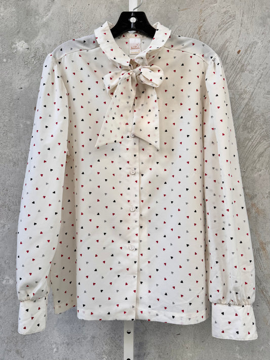 1970s Jantzen White Blouse with Geometric Pattern & Neck Bow