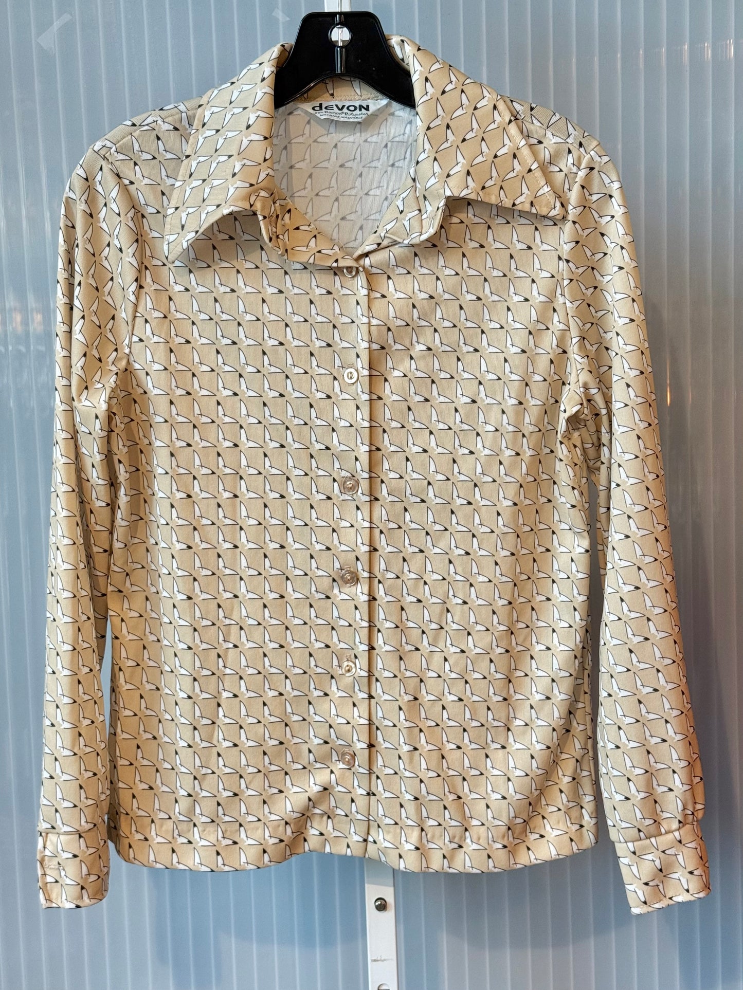 1970s Tan Abstract Printed Blouse