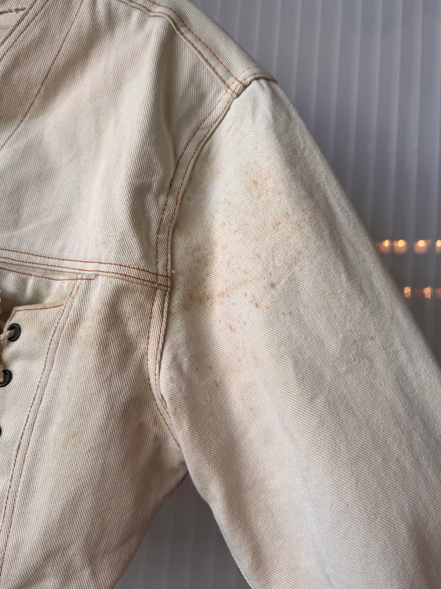1970s White Denim Cropped Jacket w/ Lace-Up Front Cinches