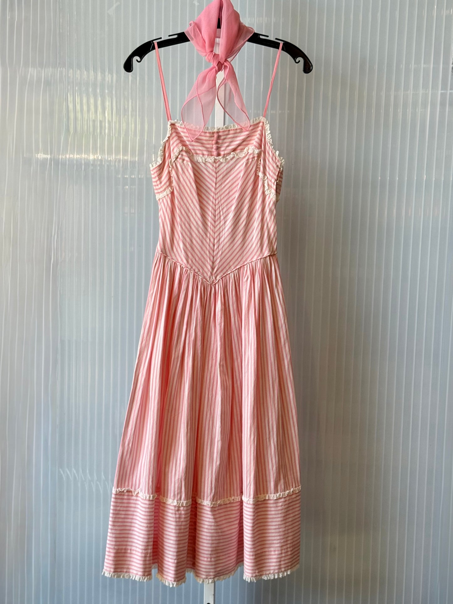 1950s Pink & White Striped Dress & Shrug Set w/ Pink Scarf