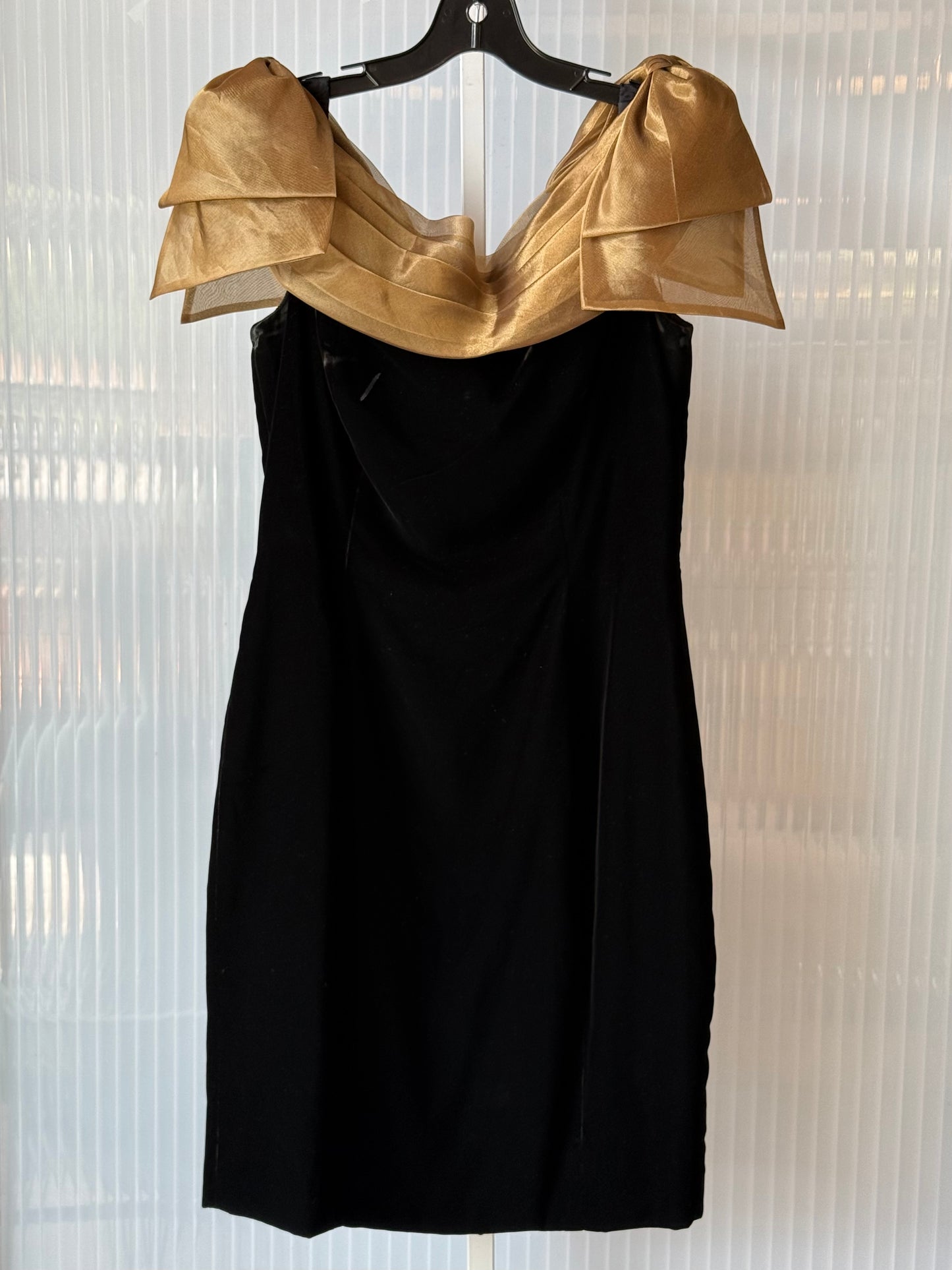 1980s Black Velvet & Gold Pleats Off-Shoulder Dress