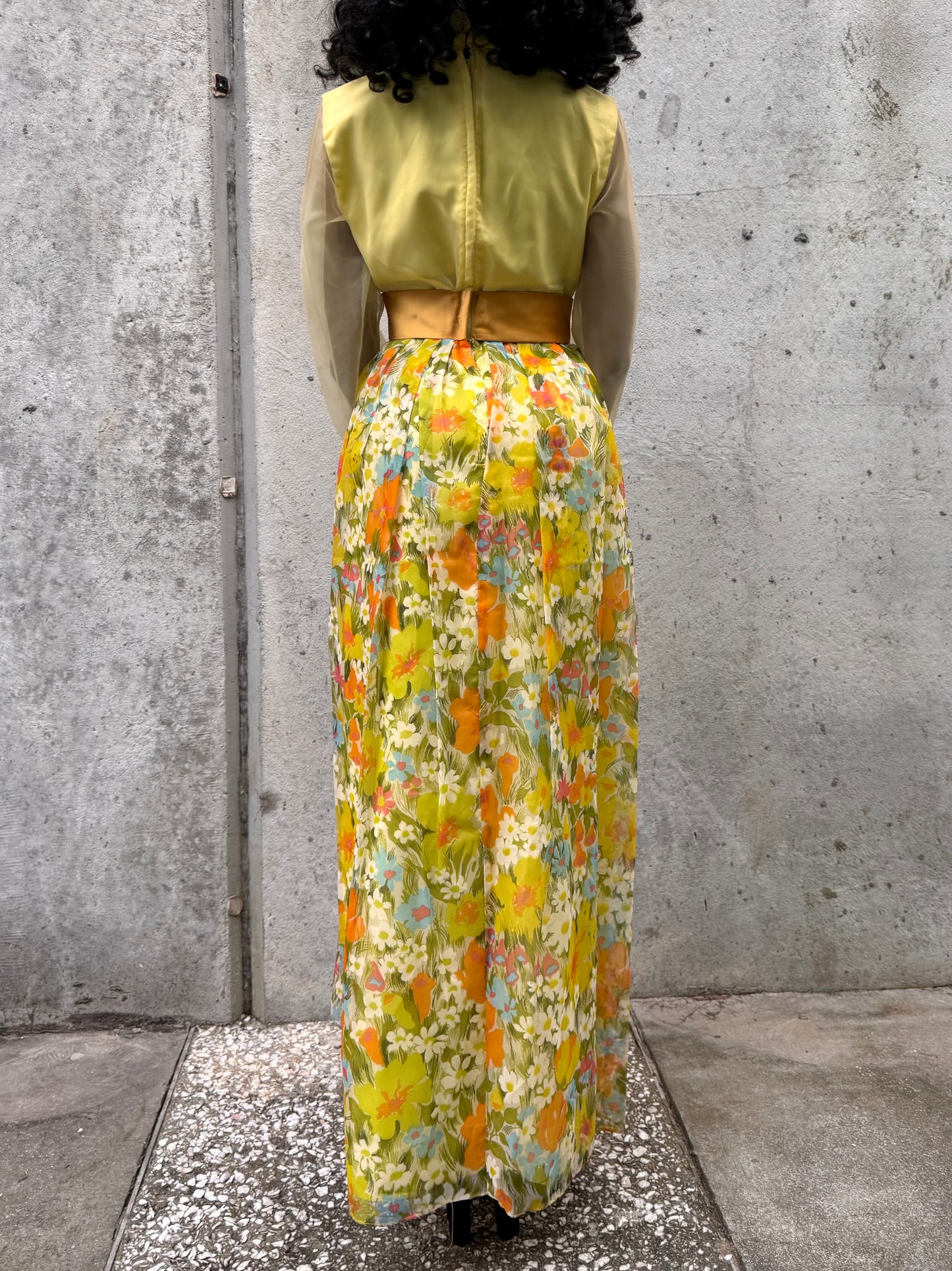 1970s Yellow Floral Empire Waist Maxi Dress