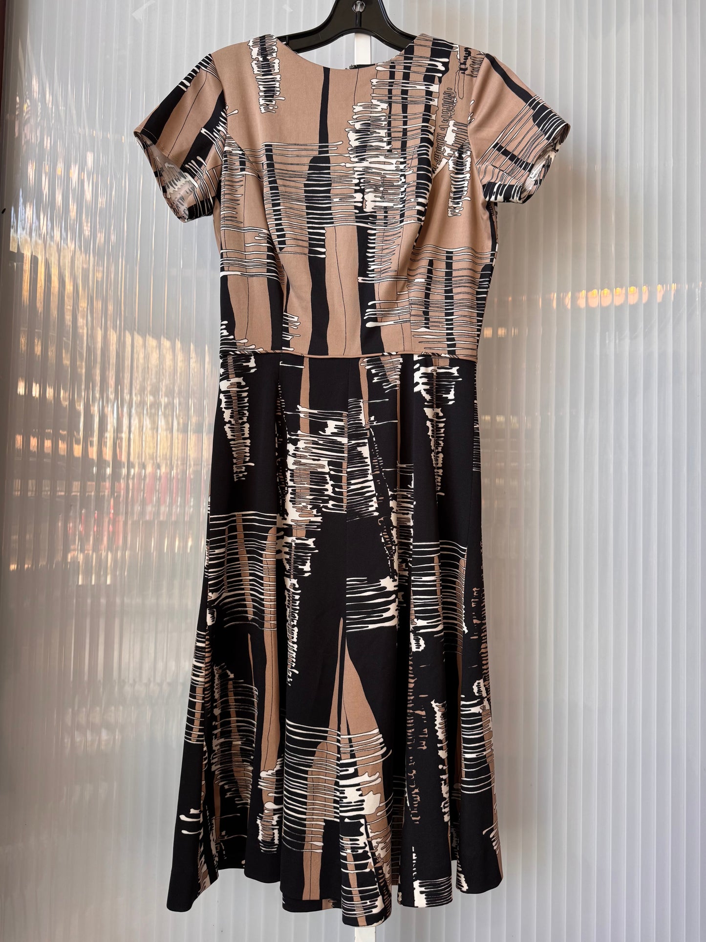 1970s Tan & Black Dress & Jacket Abstract Striped Set