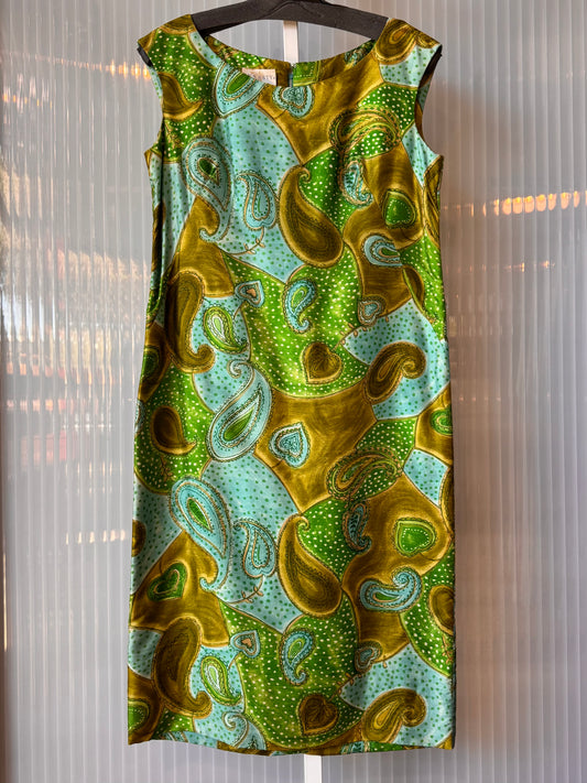 1960s Blue & Green Paisley Shift Dress