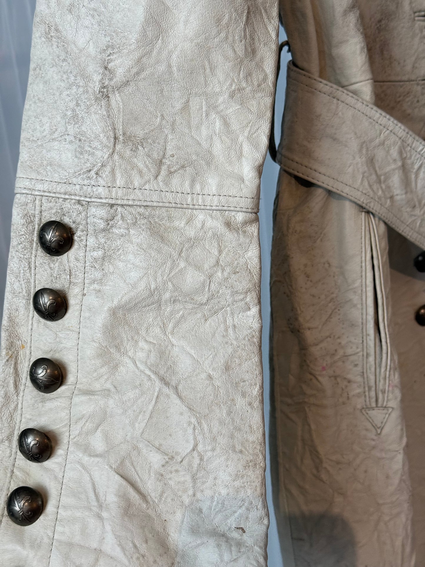 1970s Pale Grey Leather Trench Coat Dress w/ Metal Fleur de Le Buttons