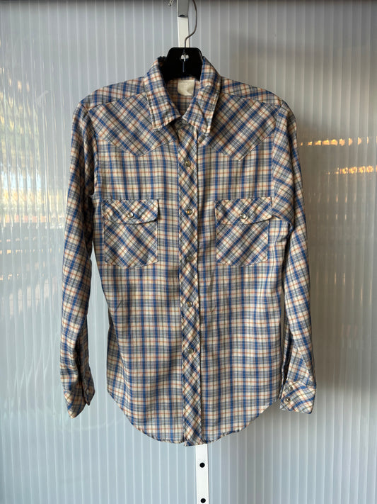 1970s Red, White & Blue Plaid Pearl Snap Shirt