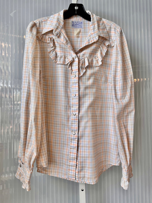 1970s Western Pearl-Snap Pastel Orange & Blue Plaid Blouse