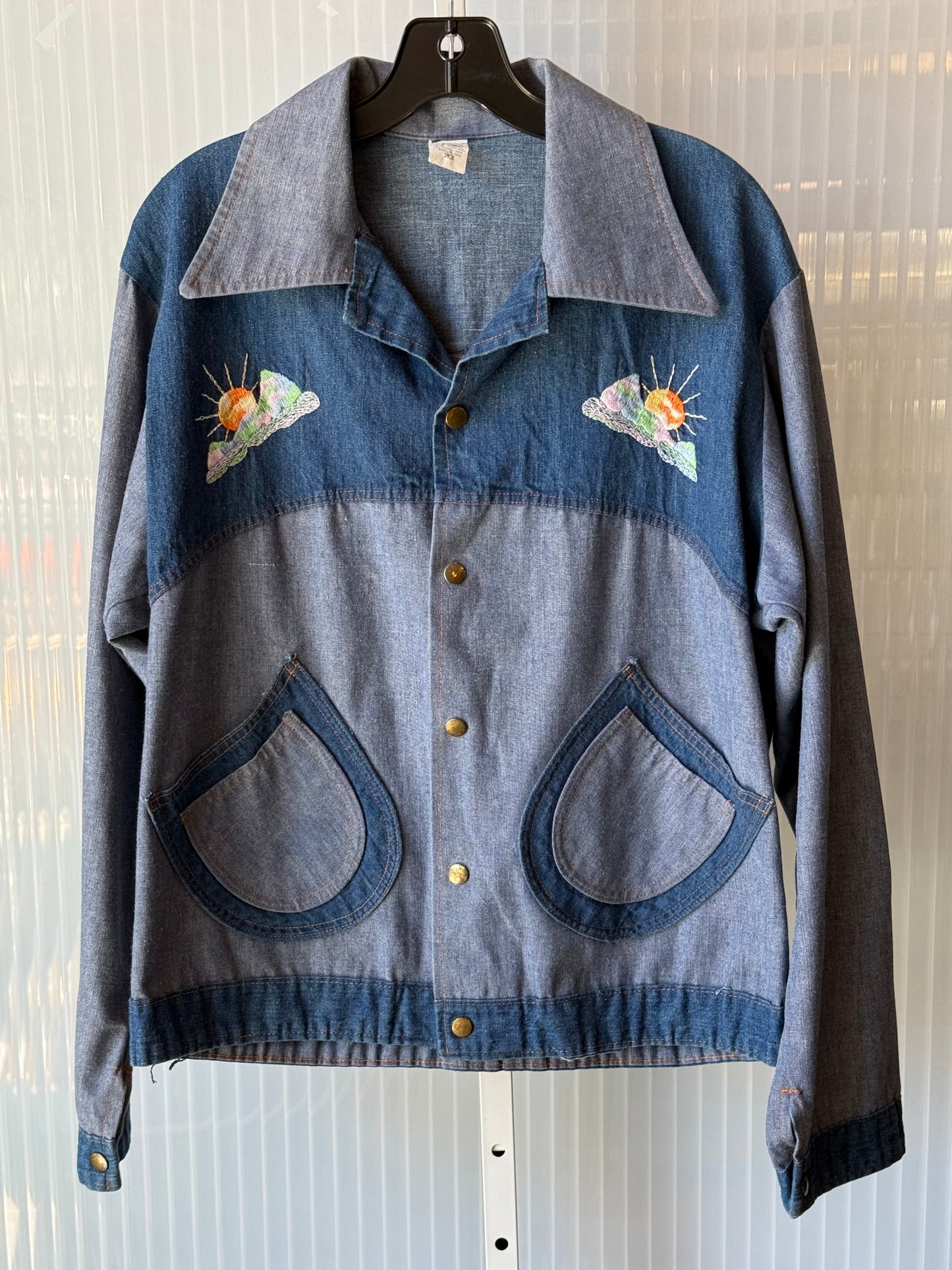 1970s Embroidered Sunshine Denim Patchwork Snap-Up Jacket