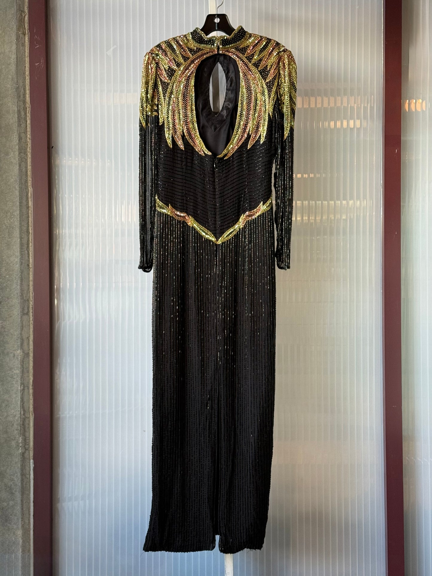1980s Black Sequin Beaded Gown w/ Gold & Pink Nouveau Applique