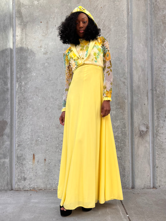 1960s Yellow Floral Empire Waist Dress with Hooded Jacket
