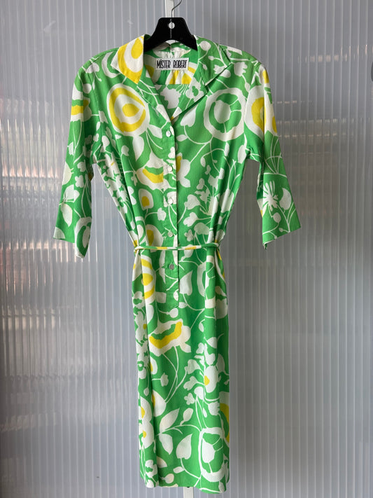 1970s Green & Yellow Nuveux Floral Printed Crepe Dress w/ Sash