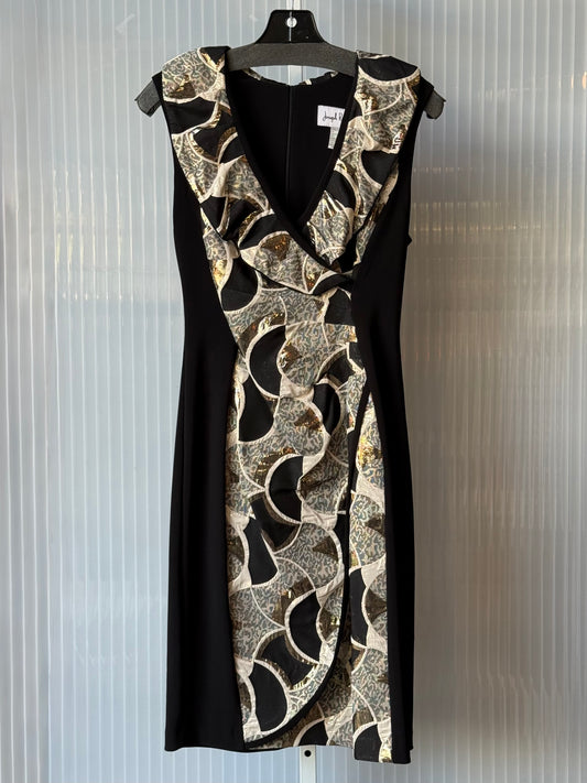 1980s Black Midi Geometric Gold Glam Dress