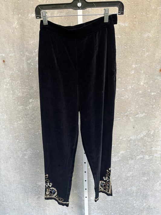 1970s Black Velvet Pants w/ Jeweled & Embroidered Hem