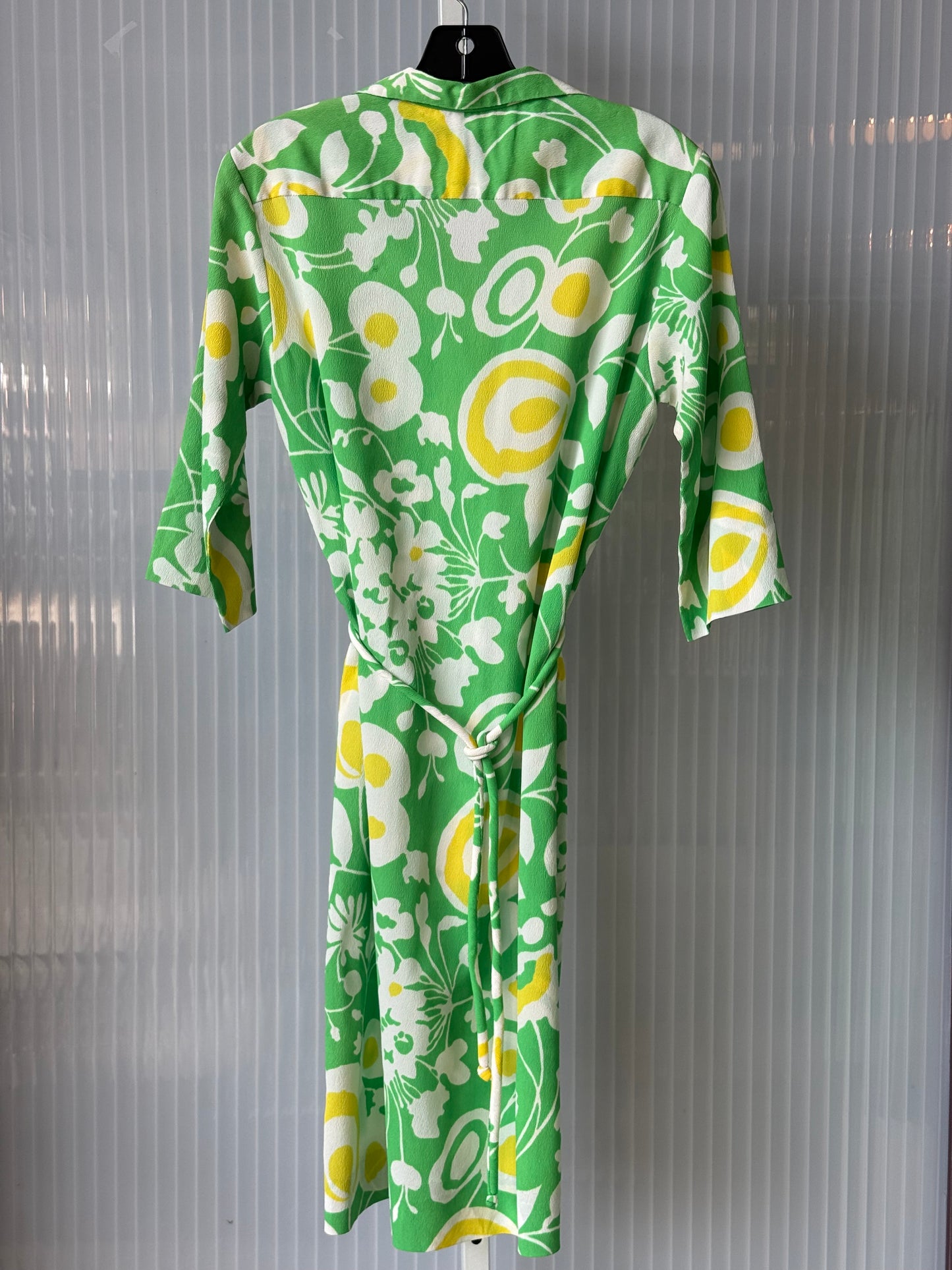 1970s Green & Yellow Nuveux Floral Printed Crepe Dress w/ Sash