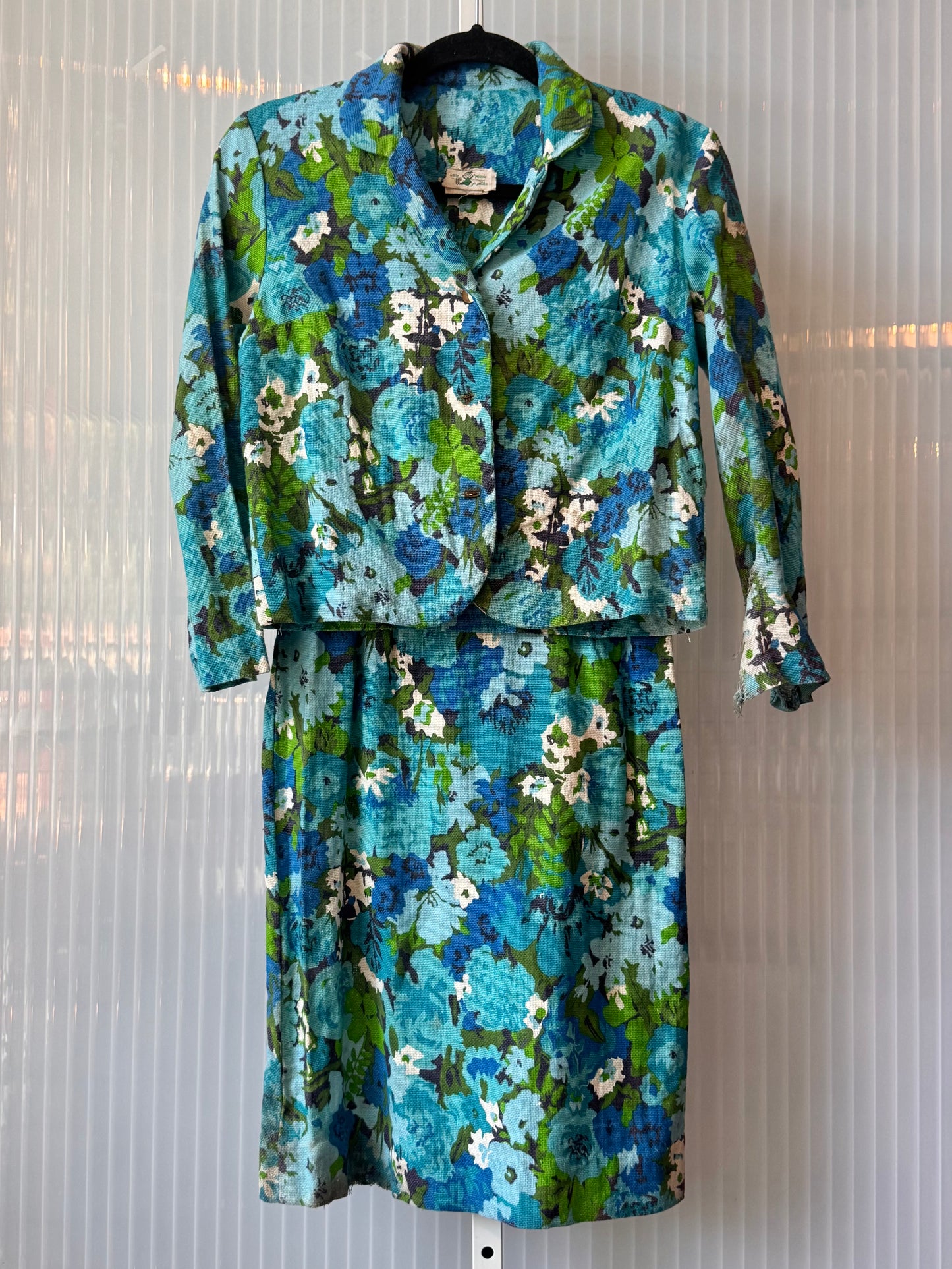 1960s Blue Floral Blazer & Pencil Skirt Set