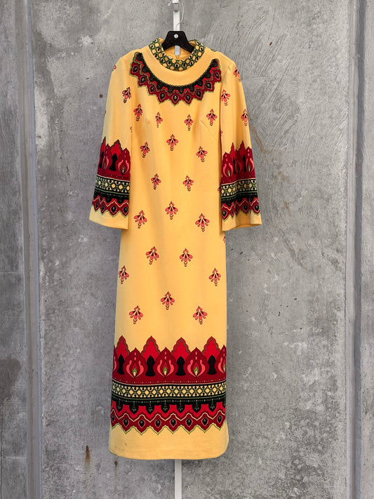 1970s Yellow Maxi Dress w/ Ornate Droplet Print