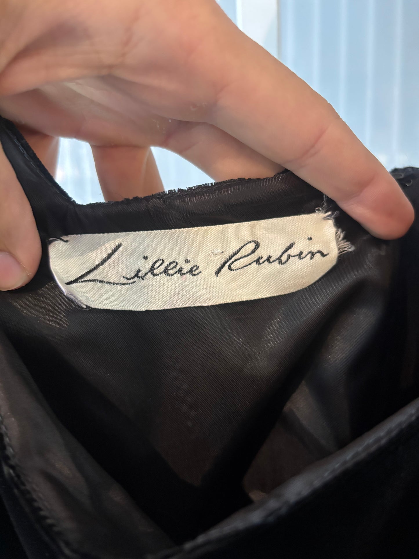 1970s Lillie Rubin Black Velvet & Chiffon Dress w/ Bling