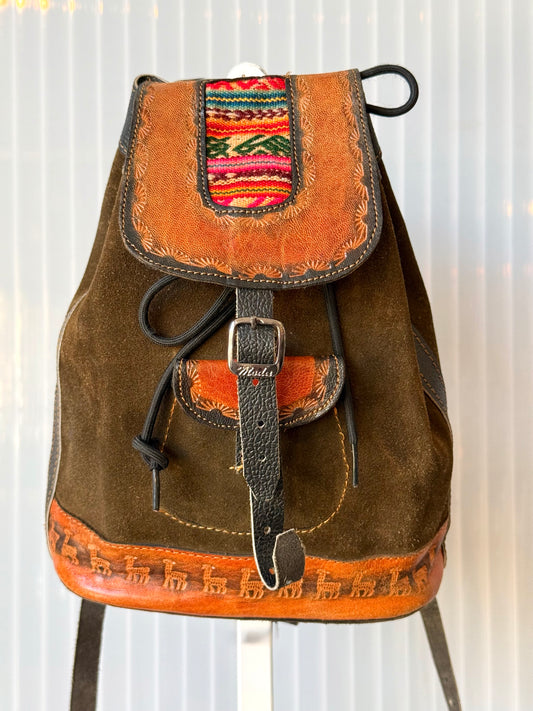 Suede & Tooled Leather Drawstring Backpack