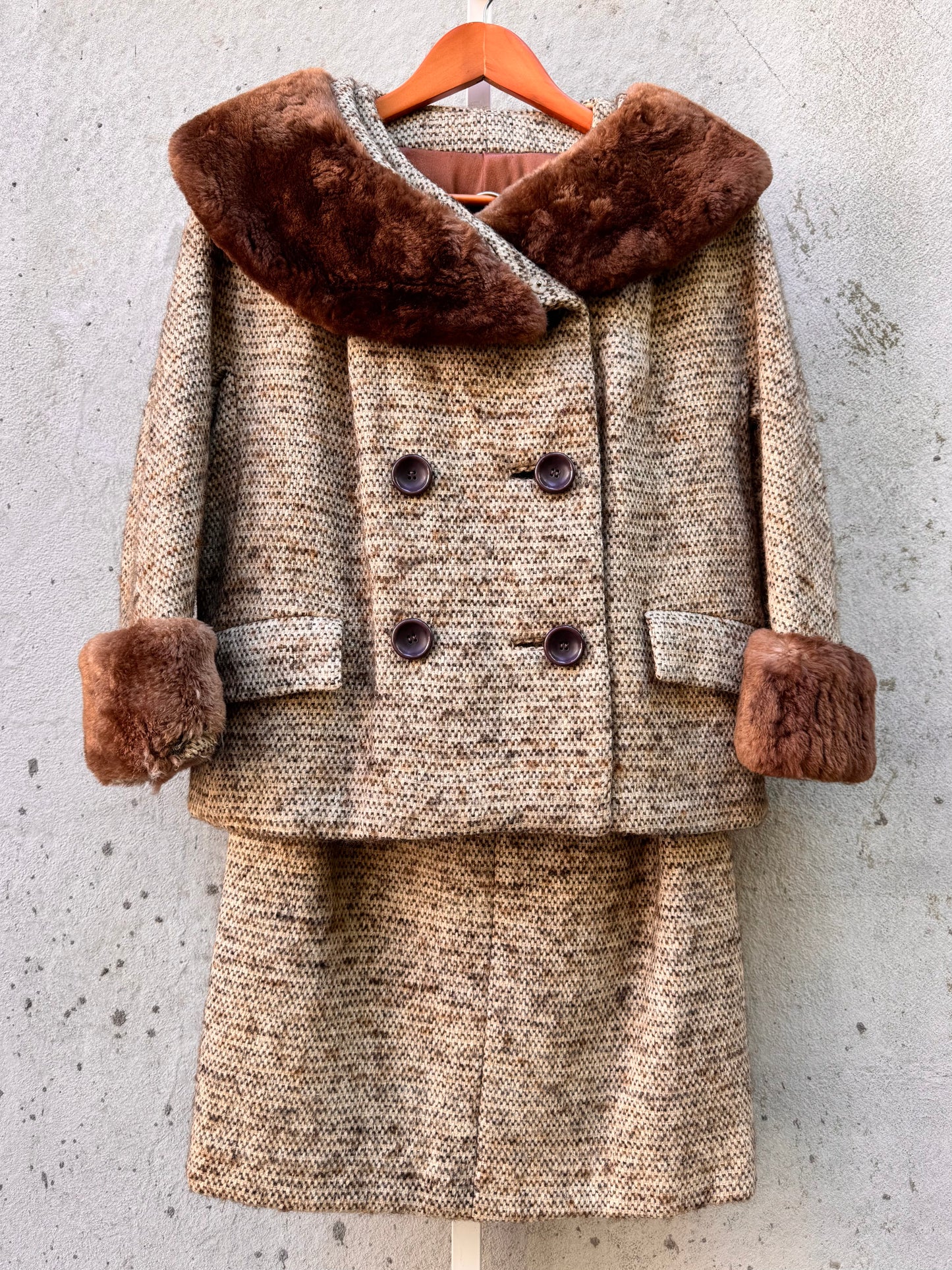 Wool Coat & Skirt Set with Fur Collar & Cuffs
