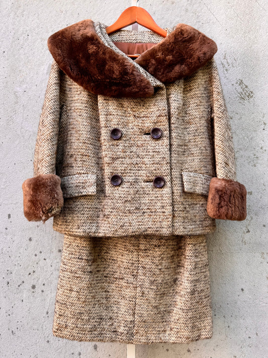 Wool Coat & Skirt Set with Fur Collar & Cuffs