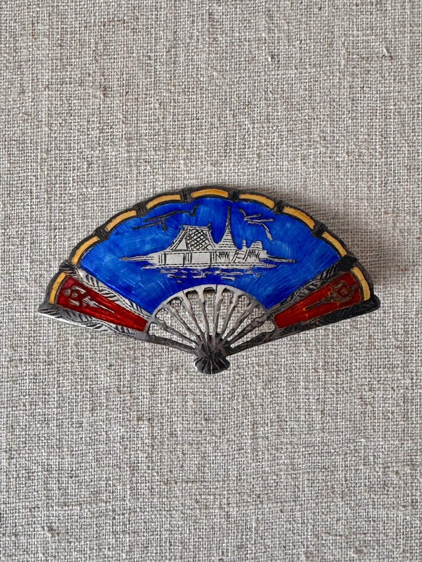 1950s Siam Blue Enamel Silver Fan Brooch