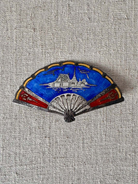 1950s Siam Blue Enamel Silver Fan Brooch
