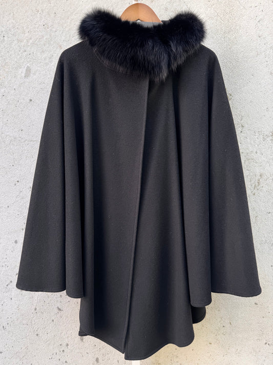 1980s Burberry Black Wool & Cashmere Cape with Fox Fur Collar