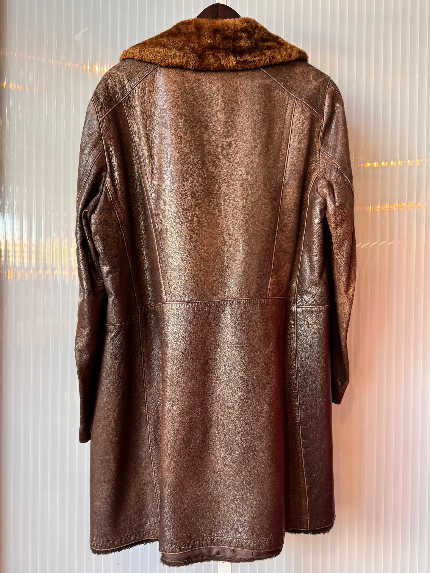 1970s Brown Leather Coat with Sherpa Lapel Collar