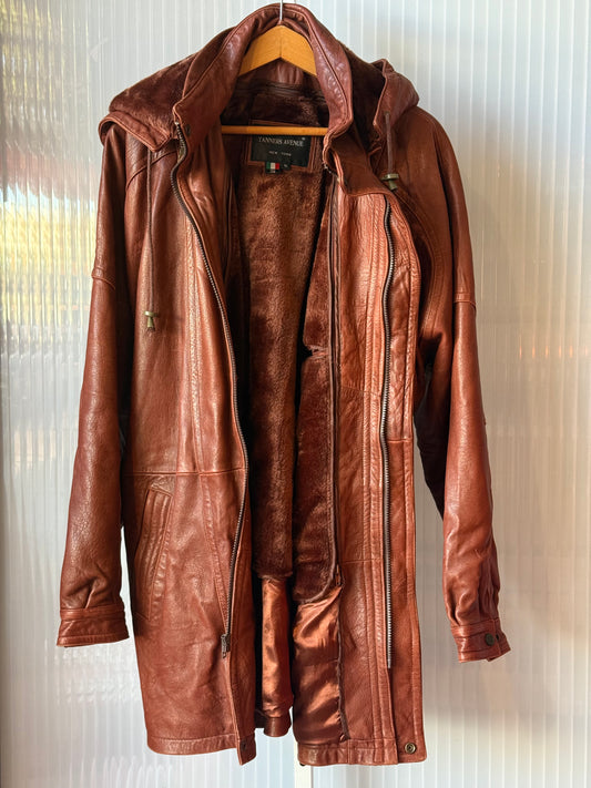 1990s Italian Lamb Leather Brick Colored Coat w/ Faux Fur Lining