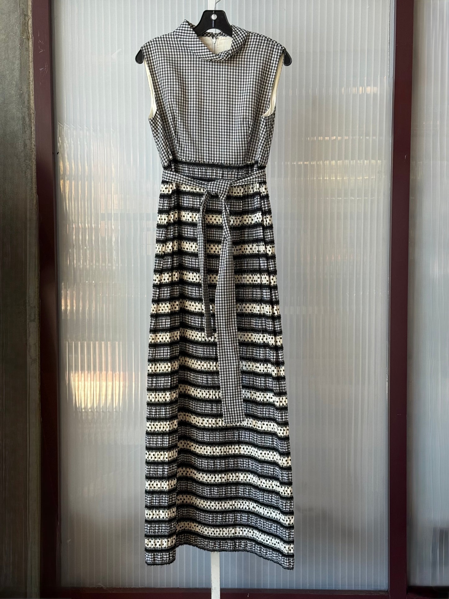 1960s Gingham and Polka Dot B&W Sleeveless Maxi Dress