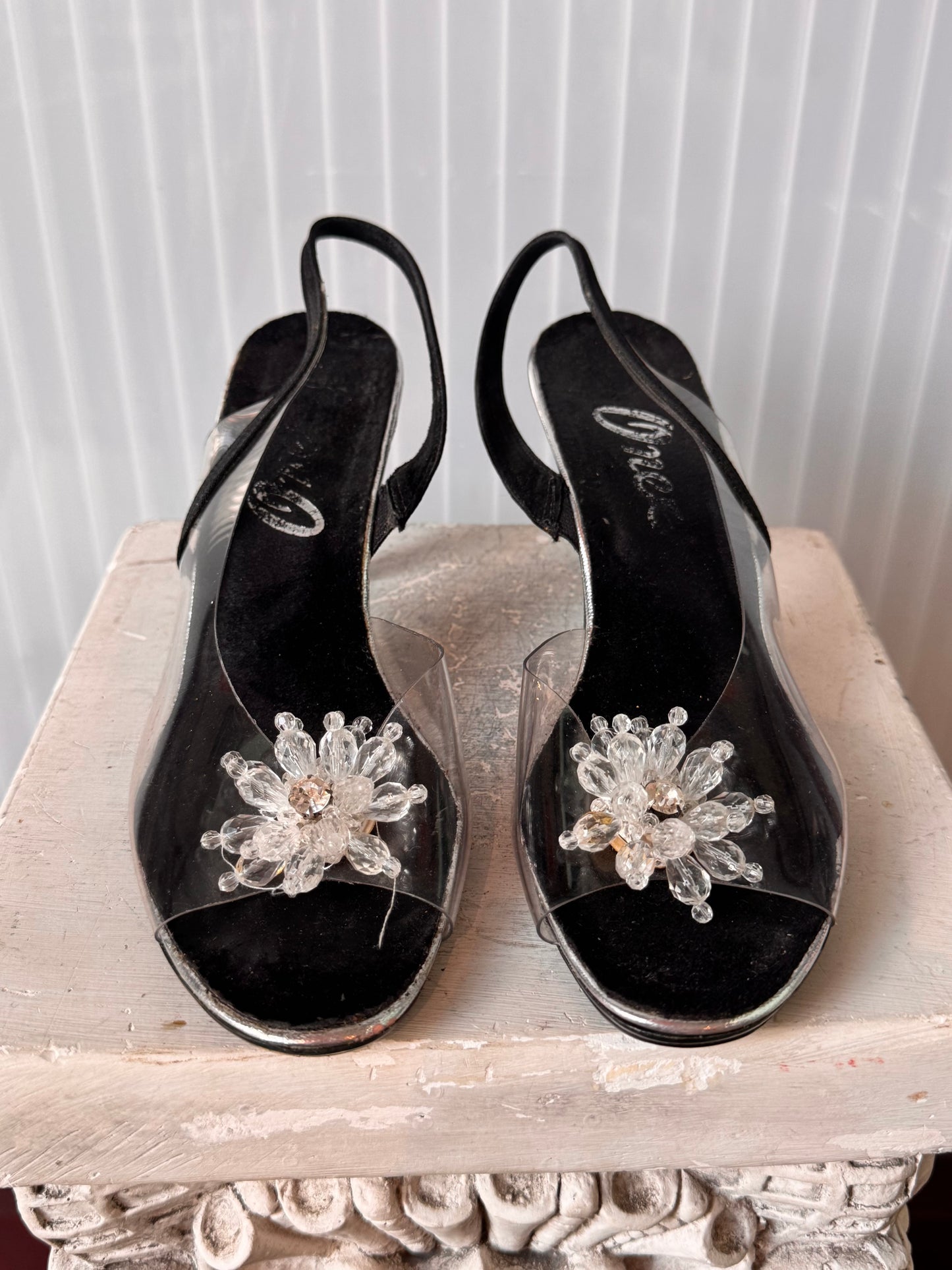 1980s Black & Clear PVC Peep-toe Slingback Heels