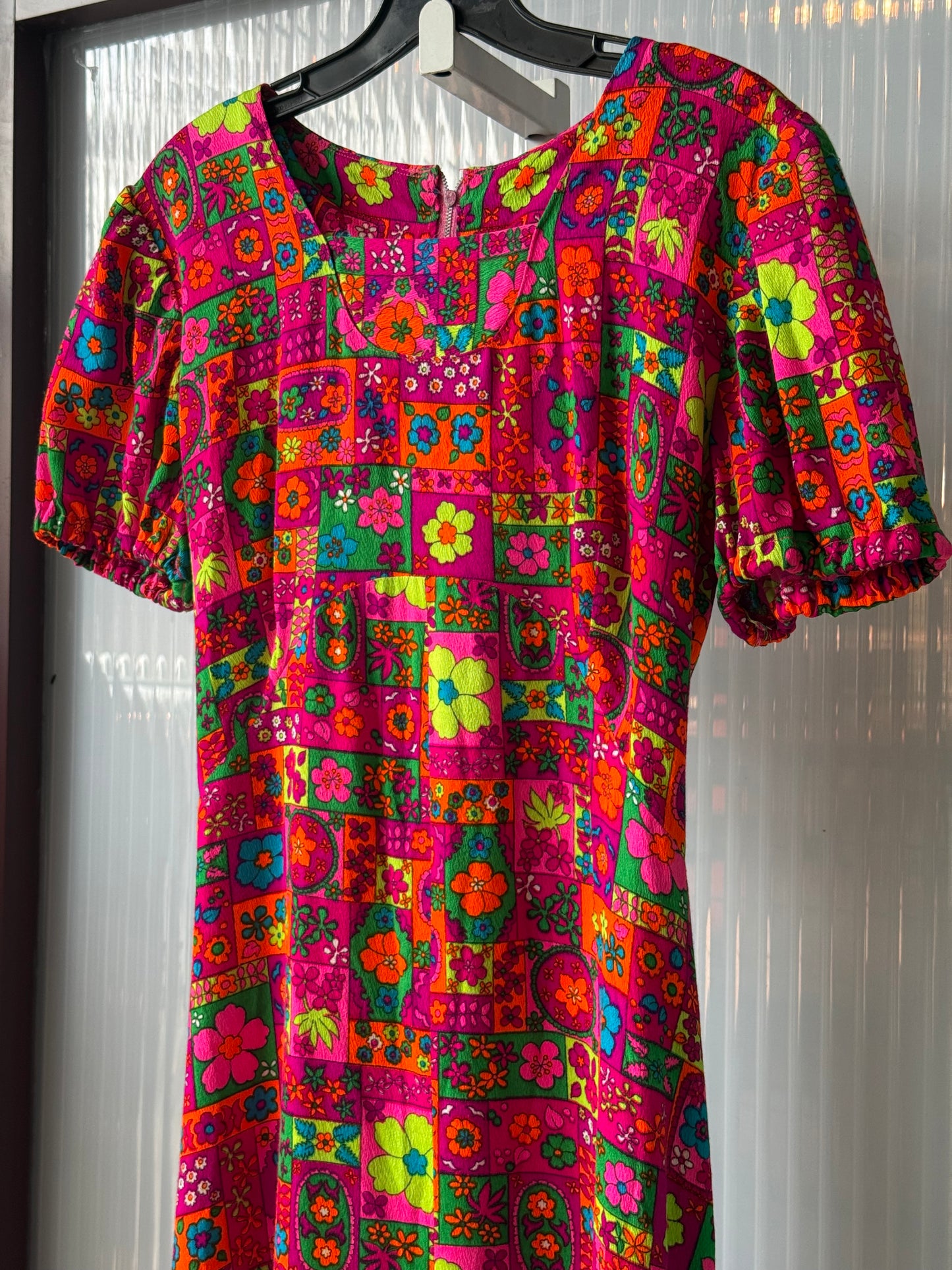 1970s Neon Floral Printed Dress
