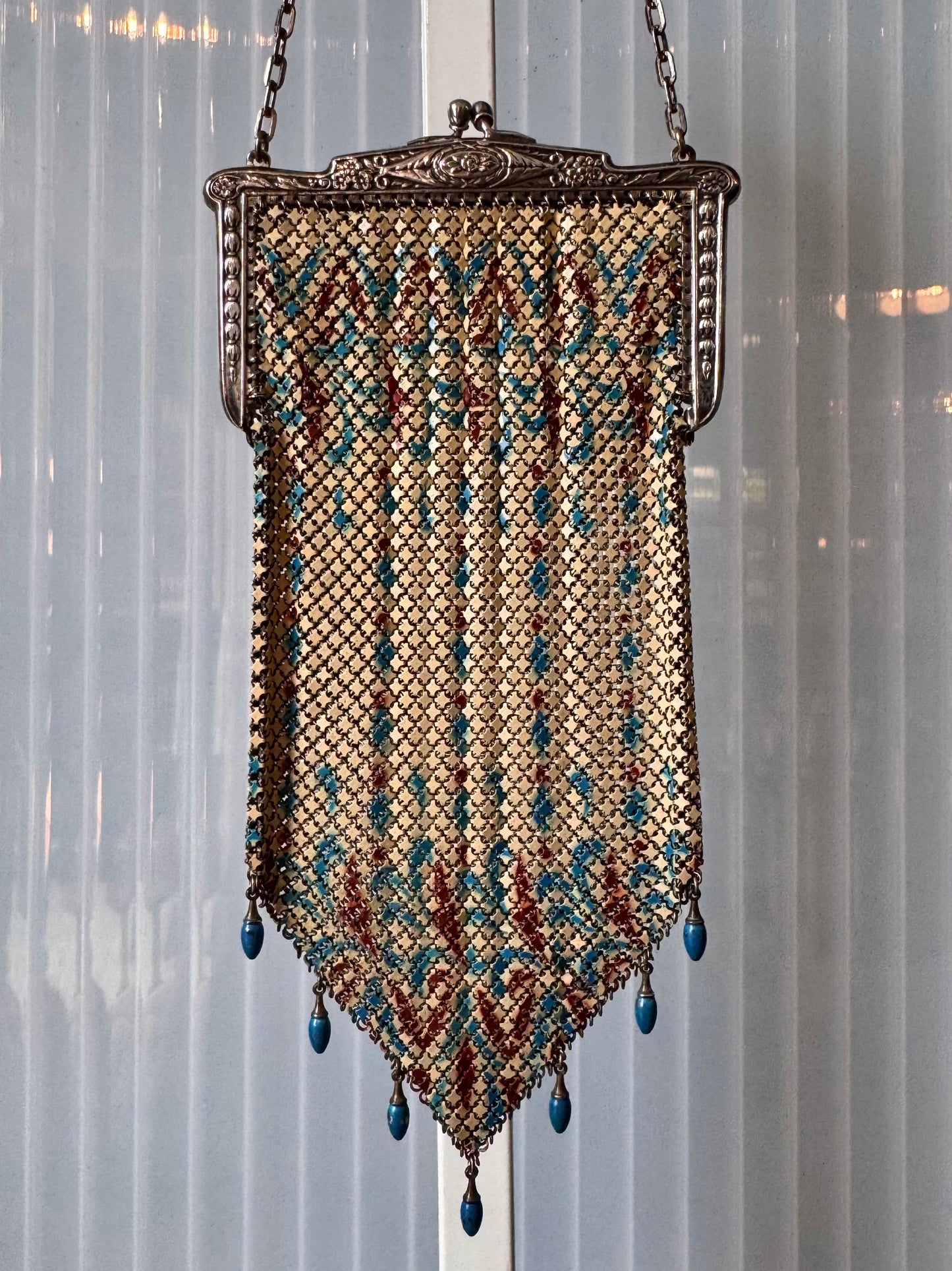 1920s Cream Blue & Burgundy Metal Mesh Flapper Purse