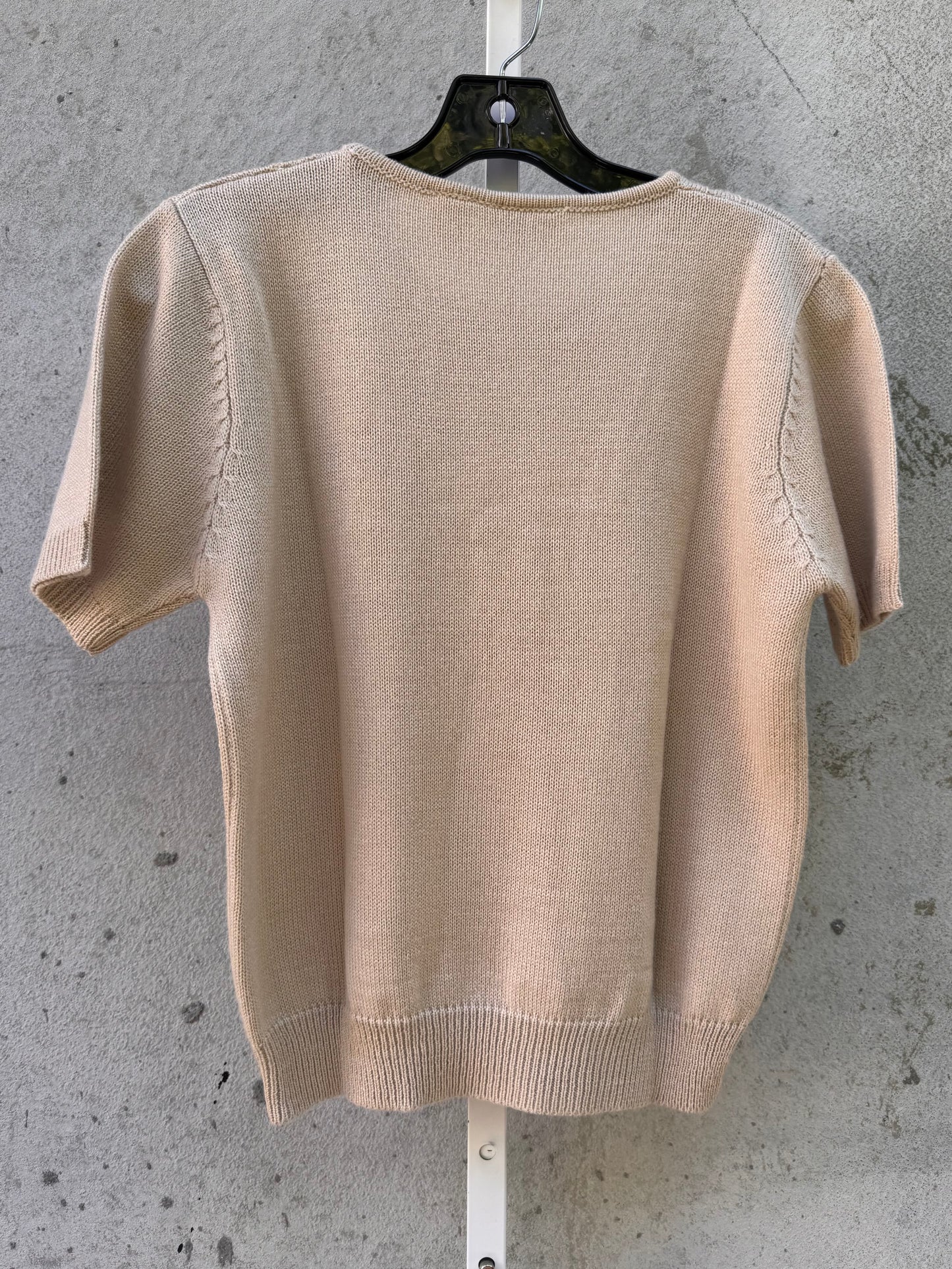 1980s Tan Knit Sweater Top with Embroidered Flowers