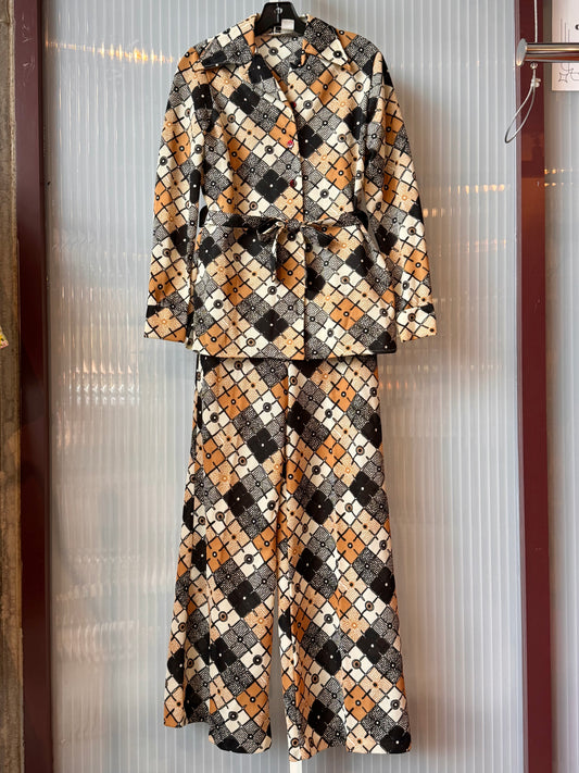 1970s Brown & Orange Groovy Pattern Pants & Shirt Set