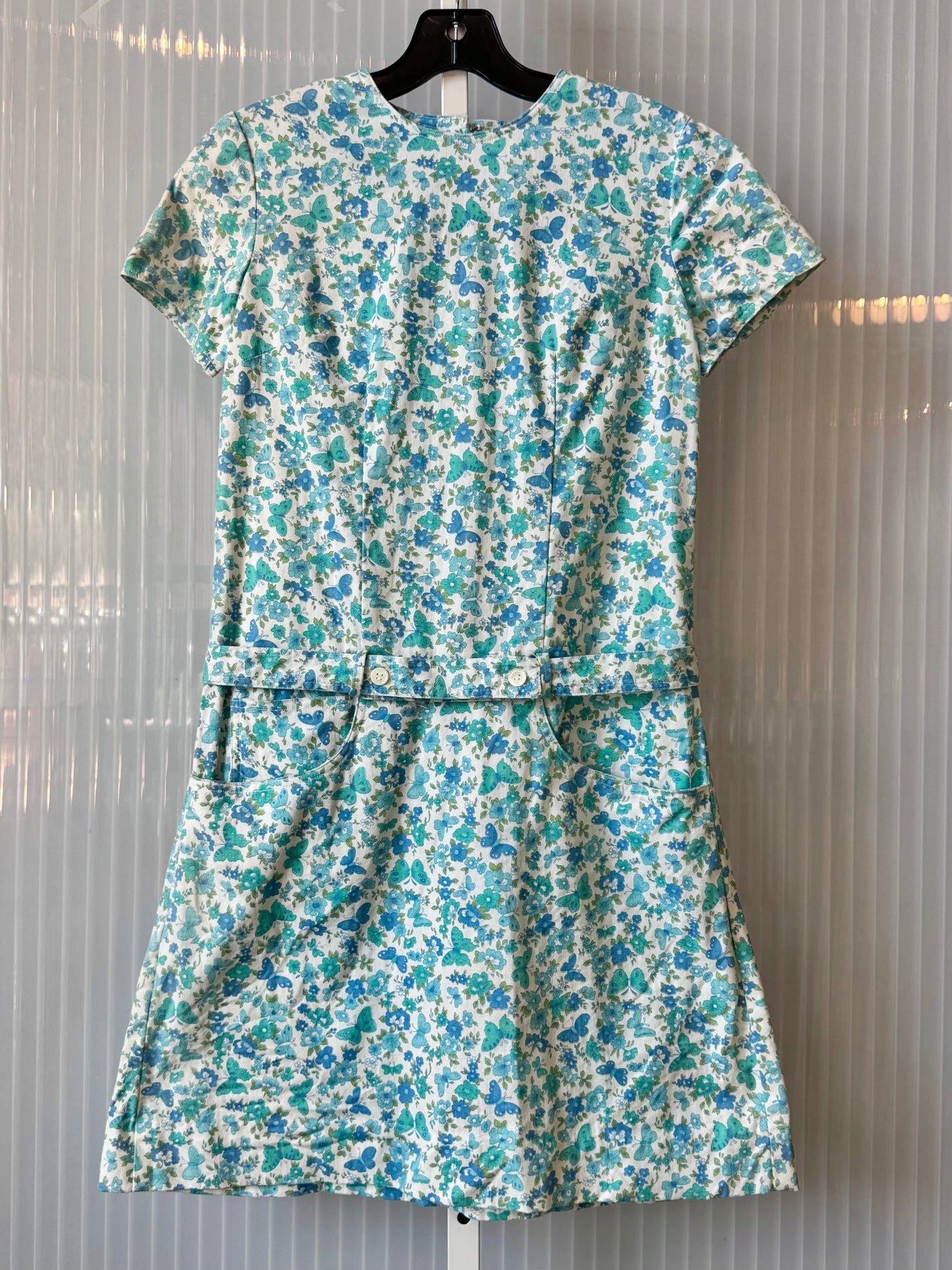 1960s Blue & White Butterfly Floral Shift Dress