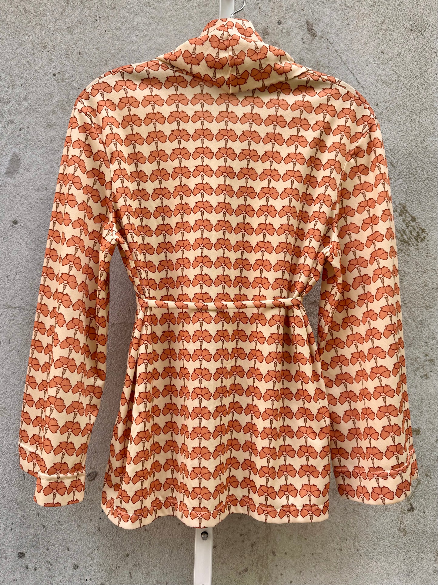 1970s Burnt Umber & Cream Floral Turtleneck Blouse