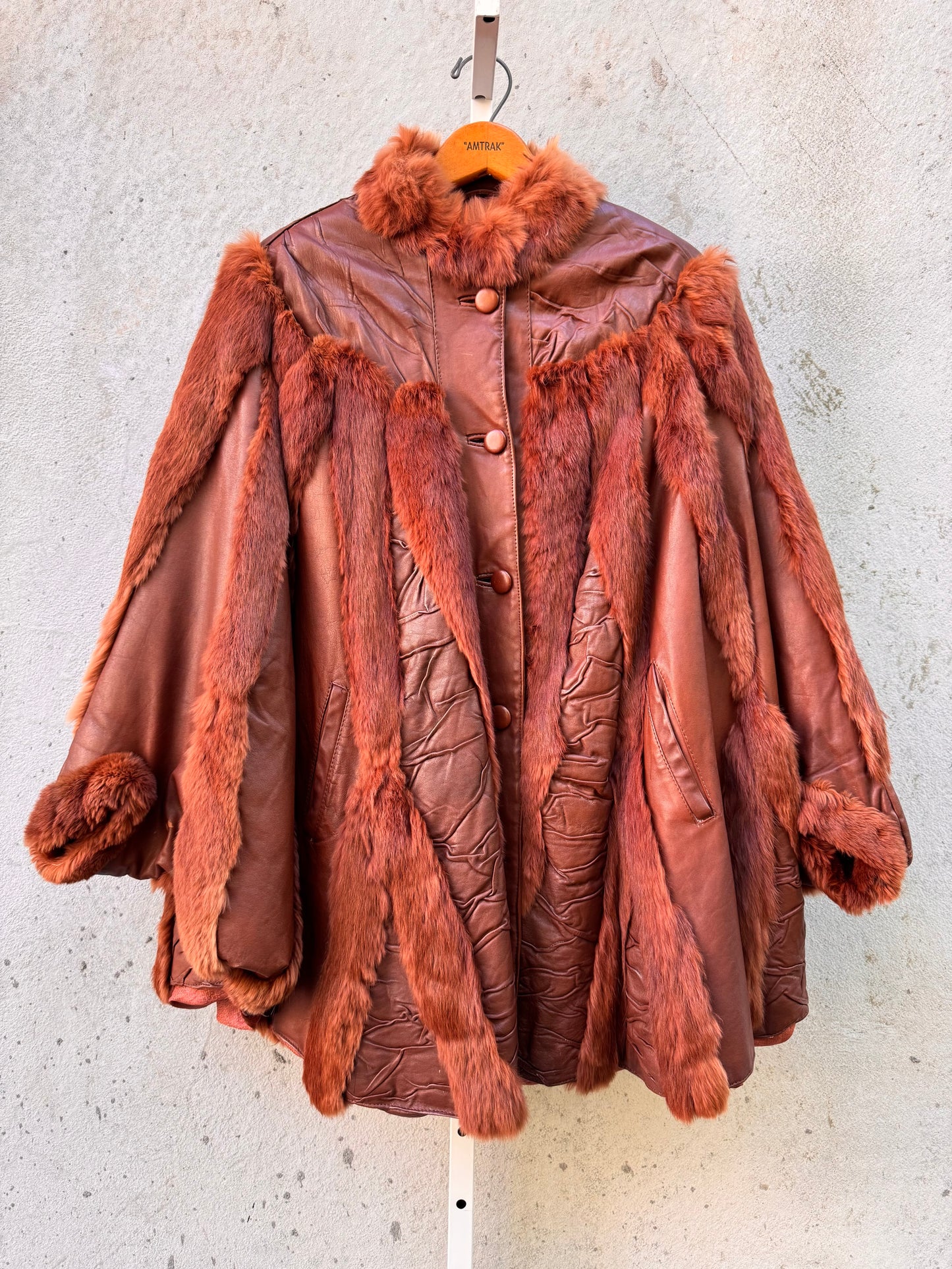 Rusty Brown Leather & Fur Button Up Poncho