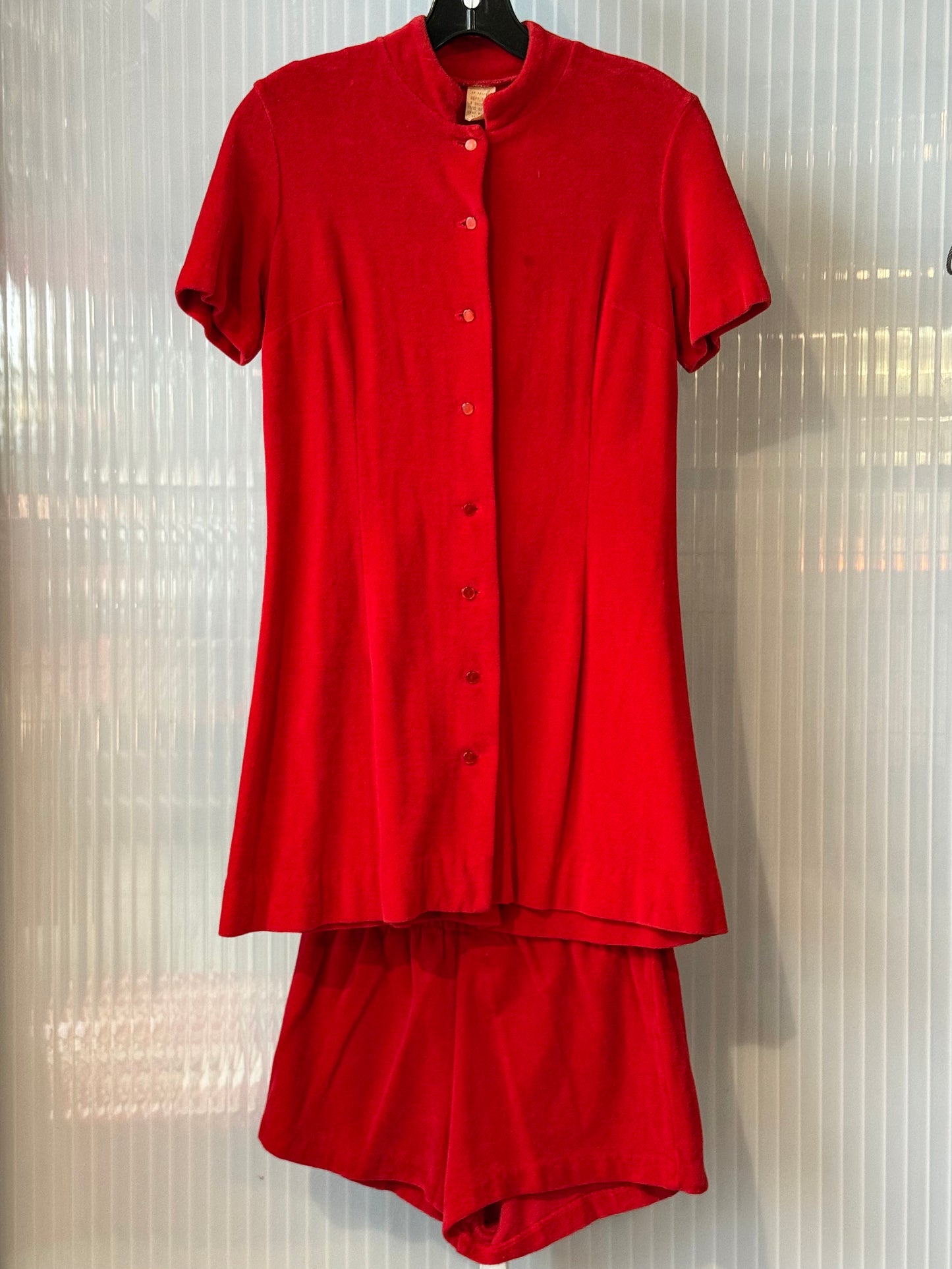 1970s Red Fleese Shorts and Button-Up Top Set