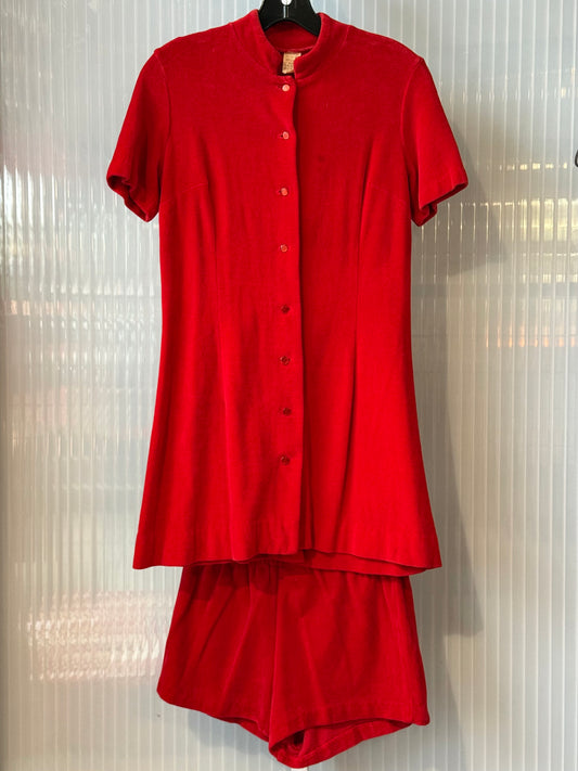 1970s Red Fleese Shorts and Button-Up Top Set