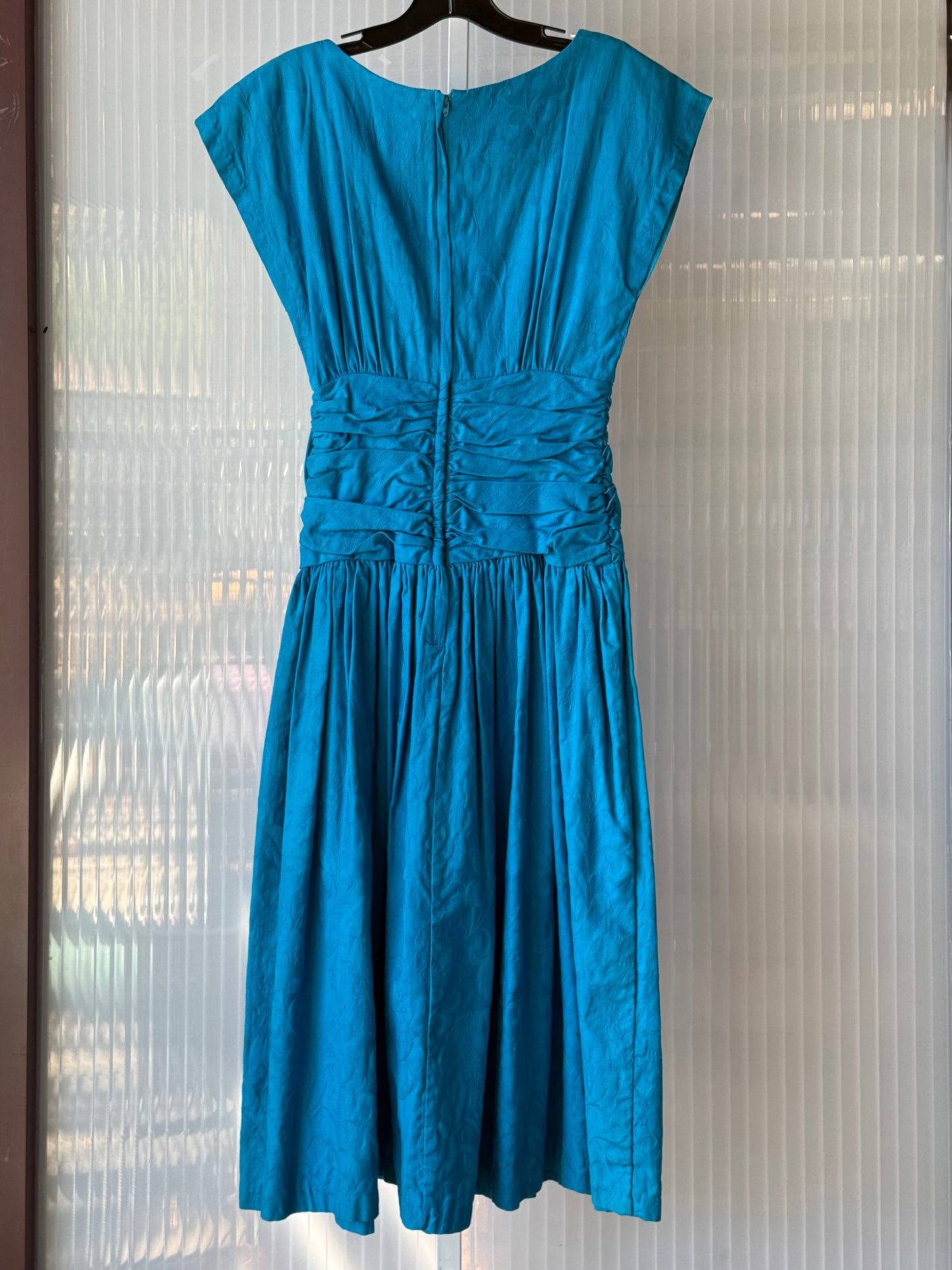 1980s does 1950s Cobalt Jacquard Ruched Dress w/ Bow