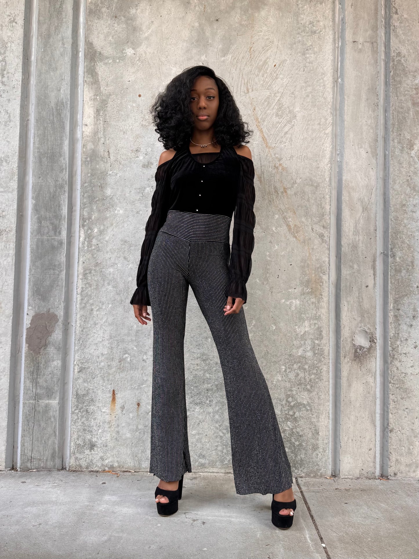 1970s Black Velvet & Silver Pinstripe Disco Jumpsuit
